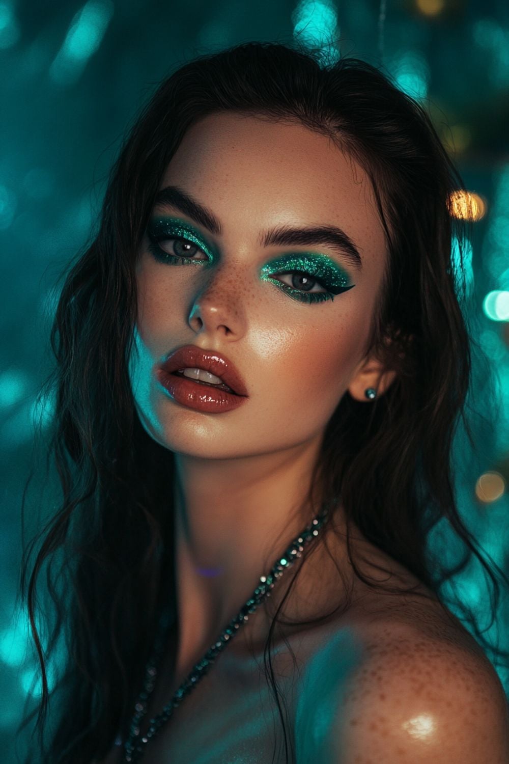A close-up of a woman with bold green glittery eyeshadow, glossy lips, and natural freckles. Her wavy hair cascades around her shoulders, and she wears a sparkling necklace. The background features blurred lights, giving the image a dreamy, ethereal feel.