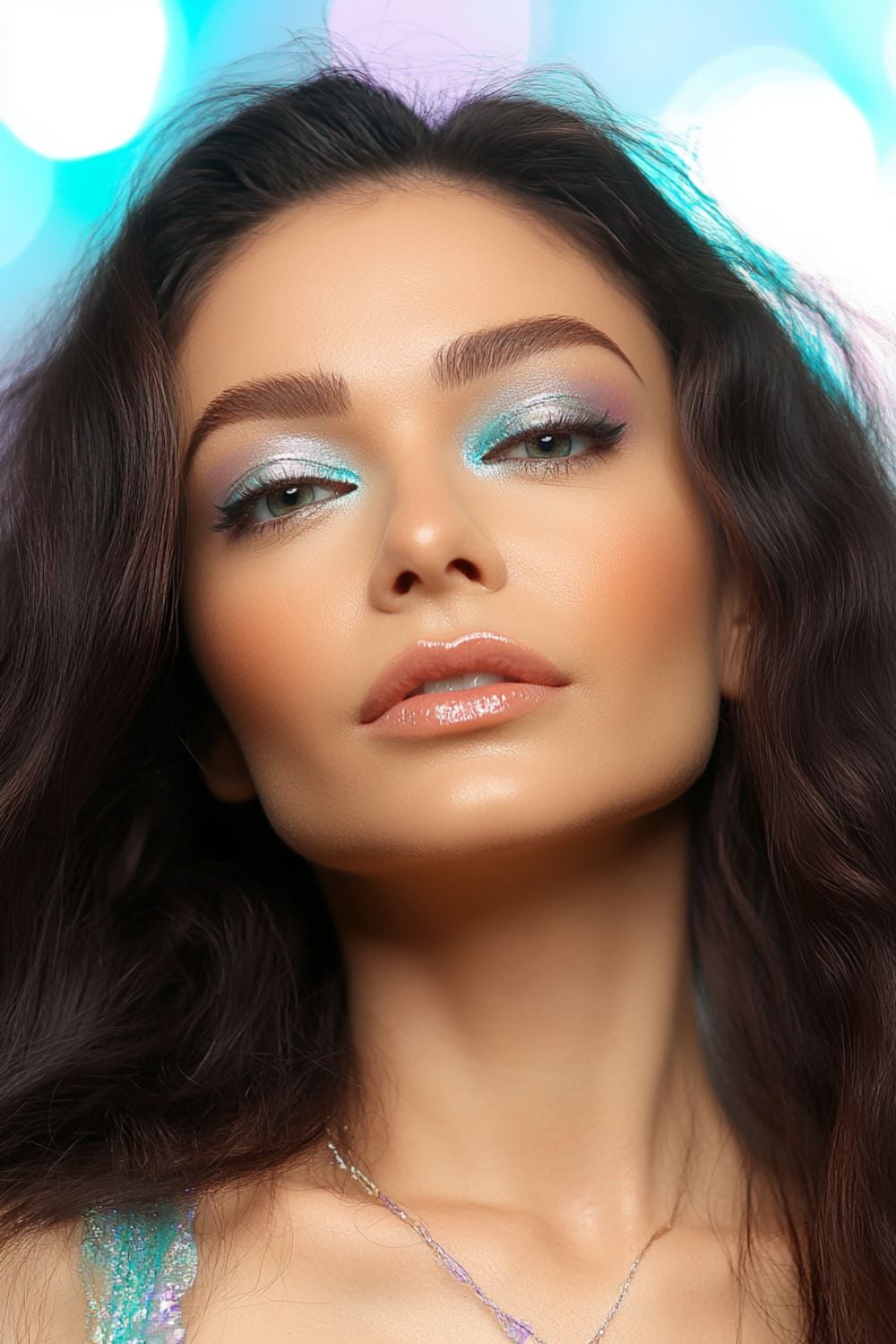 A woman with glowing skin and soft waves of dark hair looks directly at the camera. She wears shimmering blue eyeshadow with a hint of purple and a glossy lip, creating a fresh and ethereal vibe. The background has soft, colorful bokeh, enhancing the magical feel of the look.