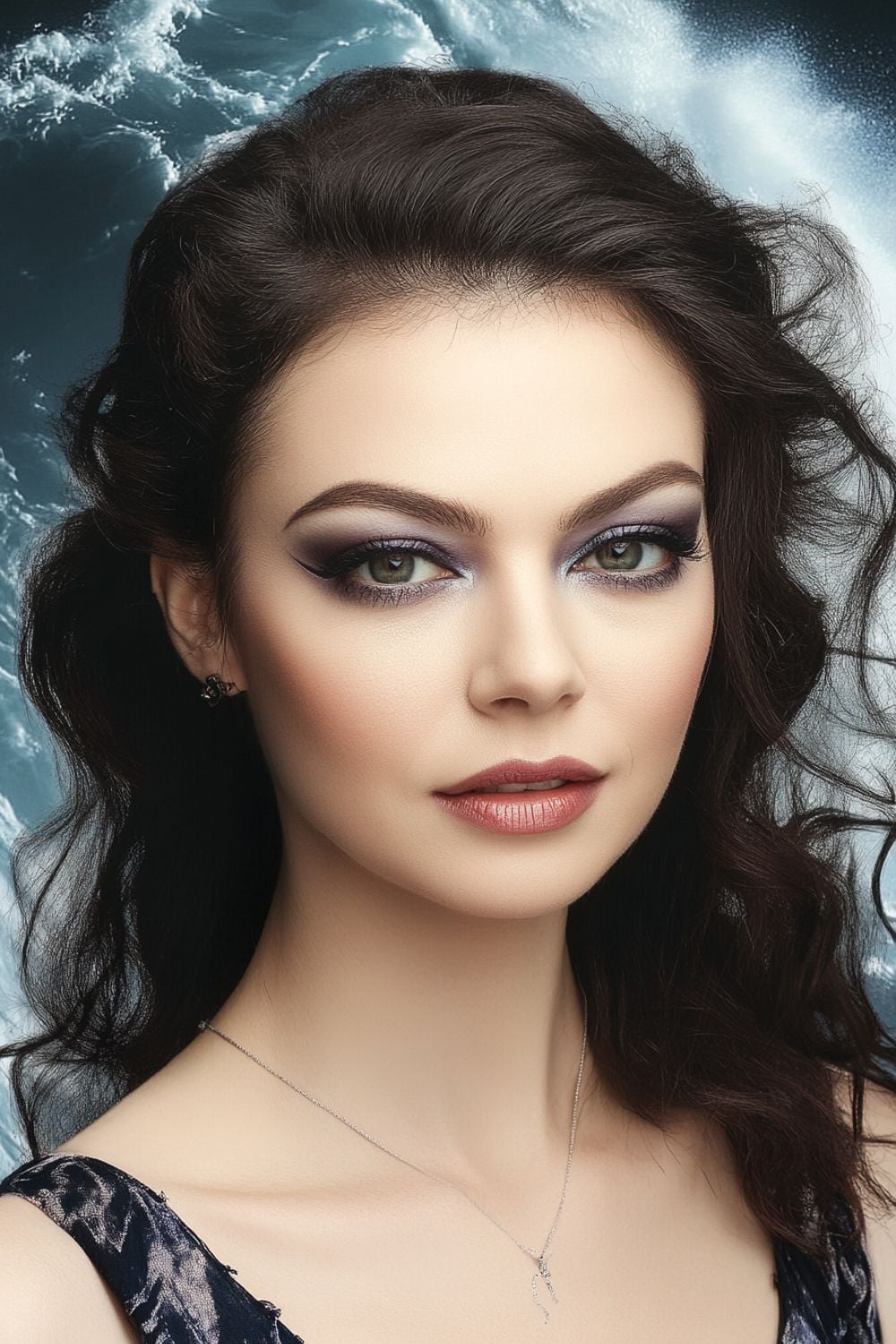 A woman with dark curly hair and soft waves gazes confidently at the camera. She has dramatic makeup with purple eyeshadow, winged eyeliner, and a soft nude lip. The background features crashing ocean waves, complementing her fierce yet serene look. She wears a delicate silver necklace, enhancing the elegance of the portrait.
