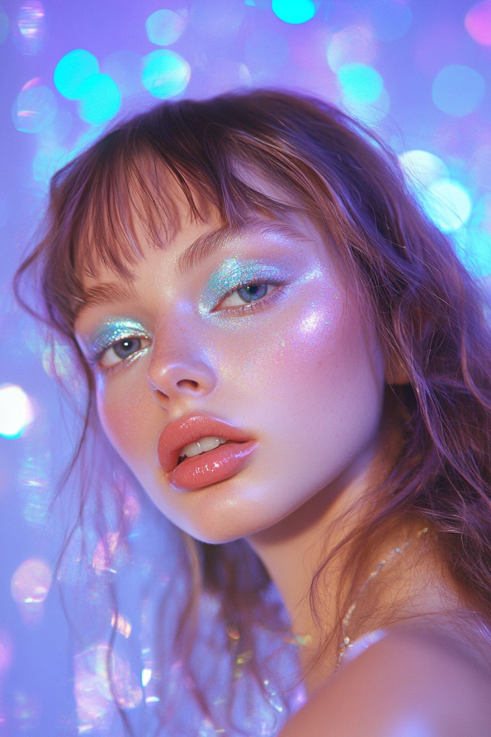 A close-up of a model with soft pink lips and ethereal blue glitter eyeshadow. She has light reddish-brown hair with bangs, and her glowing skin is highlighted by the shimmering makeup. The background features a soft, bokeh effect of pastel blue and purple lights, giving the image a dreamy, mystical vibe.