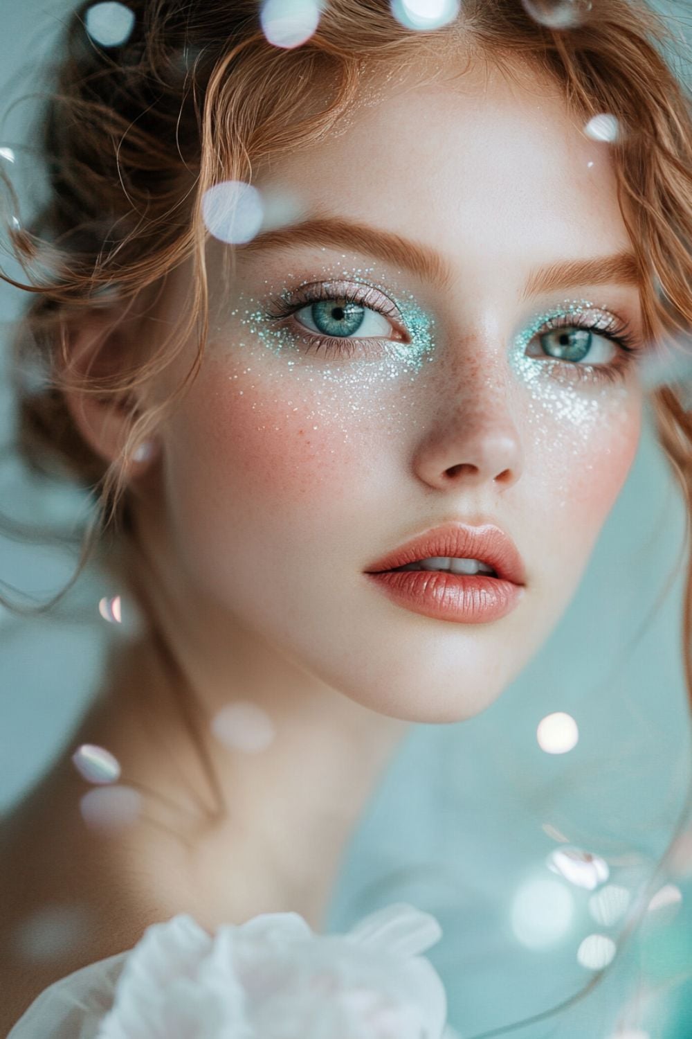 A close-up of a model with soft coral lips and glittering turquoise eyeshadow. She has light, curly red hair and a natural, glowing complexion. The image is filled with sparkling bokeh, giving it a dreamy, magical quality. The model's freckled skin and serene expression complement the delicate makeup.