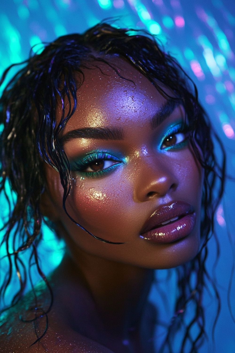 A close-up of a model with glowing skin and bold, shimmering turquoise eye makeup. Her lips are glossy and deep, matching the bold eye look. The model has wet, curly hair and a glowing highlight on her cheekbones, set against a vibrant, bokeh-filled backdrop. The lighting creates an ethereal, dreamy effect on her dewy complexion.