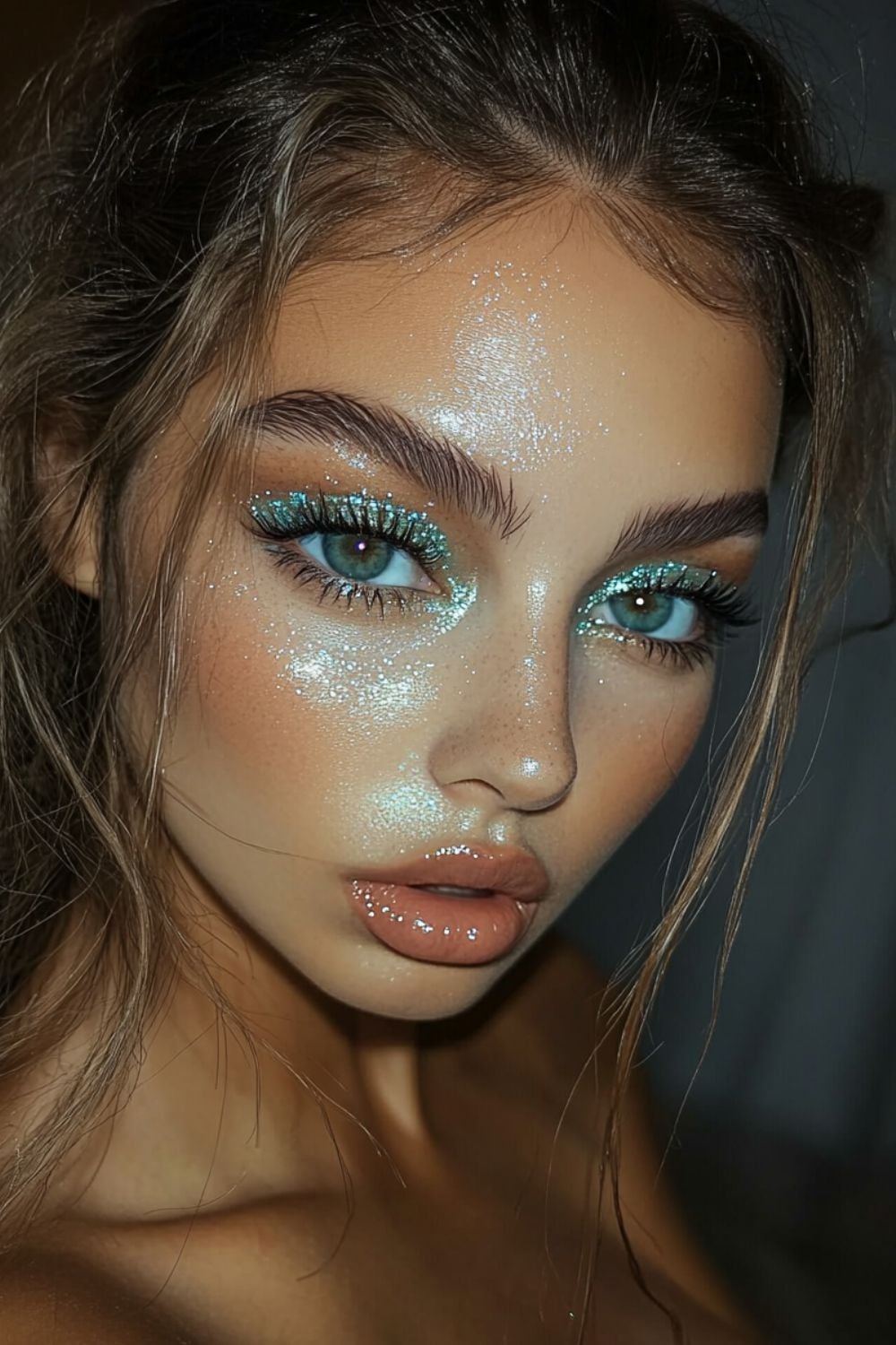 A close-up of a model with glowing skin and sparkling turquoise eye makeup. Her eyes are adorned with thick lashes and a shimmer of glitter. Her lips are glossy and nude, complementing the glittery eyeshadow. The model has a soft, glowing highlight on her cheekbones, and her hair is tousled, with some loose strands framing her face.
