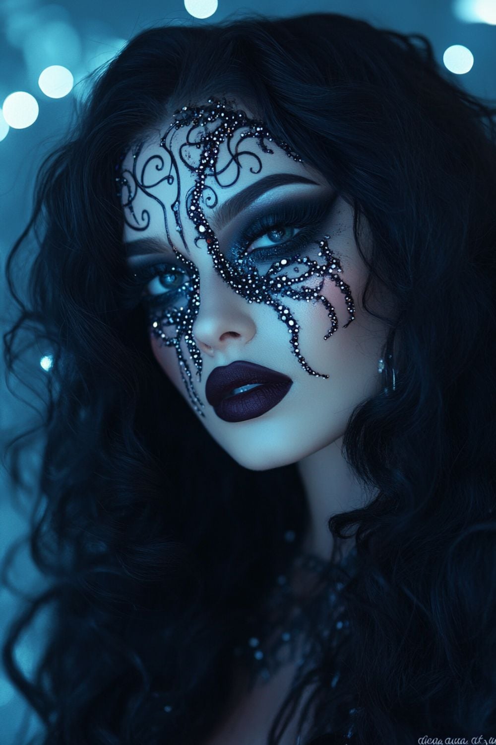 A model with dark, curly hair and dramatic makeup. The makeup features bold, dark eyeshadow and a striking black lipstick. The model's face is adorned with intricate designs made from shimmering beads and rhinestones, creating a spider-web-like pattern across her forehead and eyes. The background is softly lit with blue bokeh lights, adding a mysterious, dark ambiance to the look.