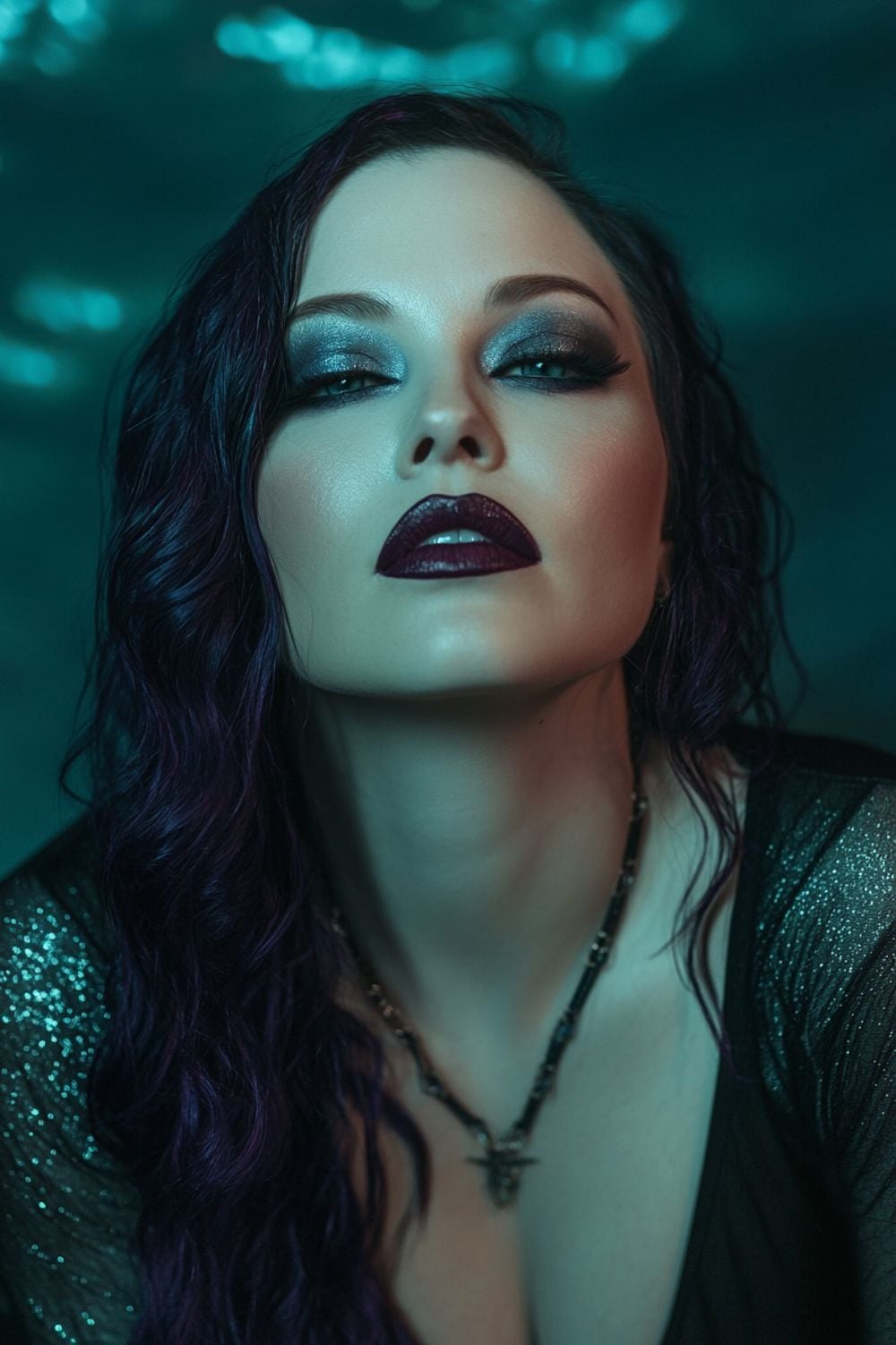 A model with deep purple wavy hair styled in a tousled look, wearing bold, dark makeup. Her eyes are defined with smokey eye shadow, and her lips are painted with a deep berry lipstick. She&rsquo;s dressed in a shimmering, dark outfit and wears a necklace with a mystical pendant. The background features a dark, ethereal atmosphere with a bluish tone, enhancing the model&rsquo;s mysterious, dark siren look.