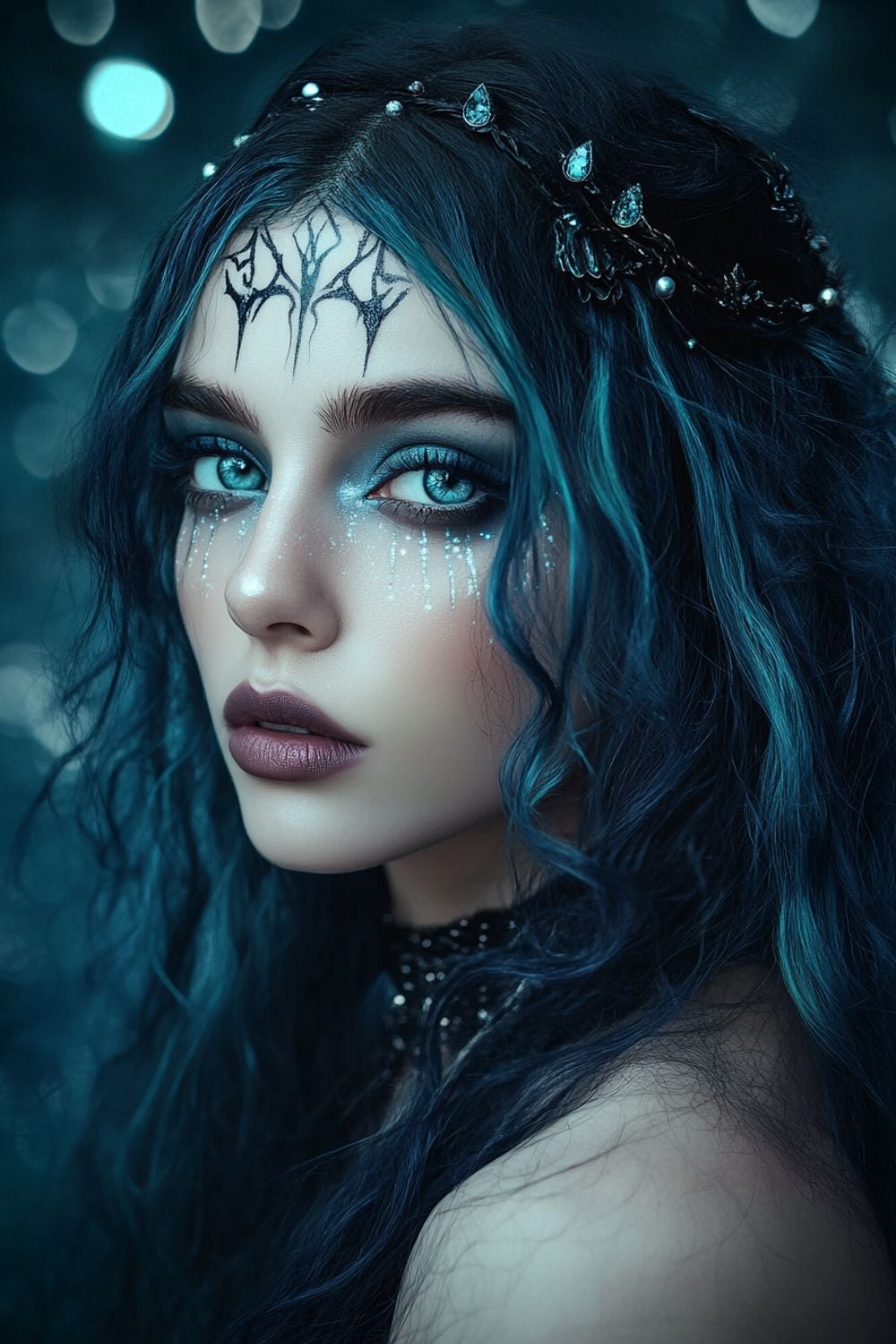 A model with deep blue, wavy hair adorned with a delicate jeweled headpiece. Her makeup includes bold blue eyeshadow and silver glitter cascading down her face, creating a striking "siren" effect. A dark tribal-style design is painted on her forehead, adding an element of mystery. Her lips are painted with a soft nude shade. The background has a soft, ethereal glow, complementing her dark and enchanting look.
