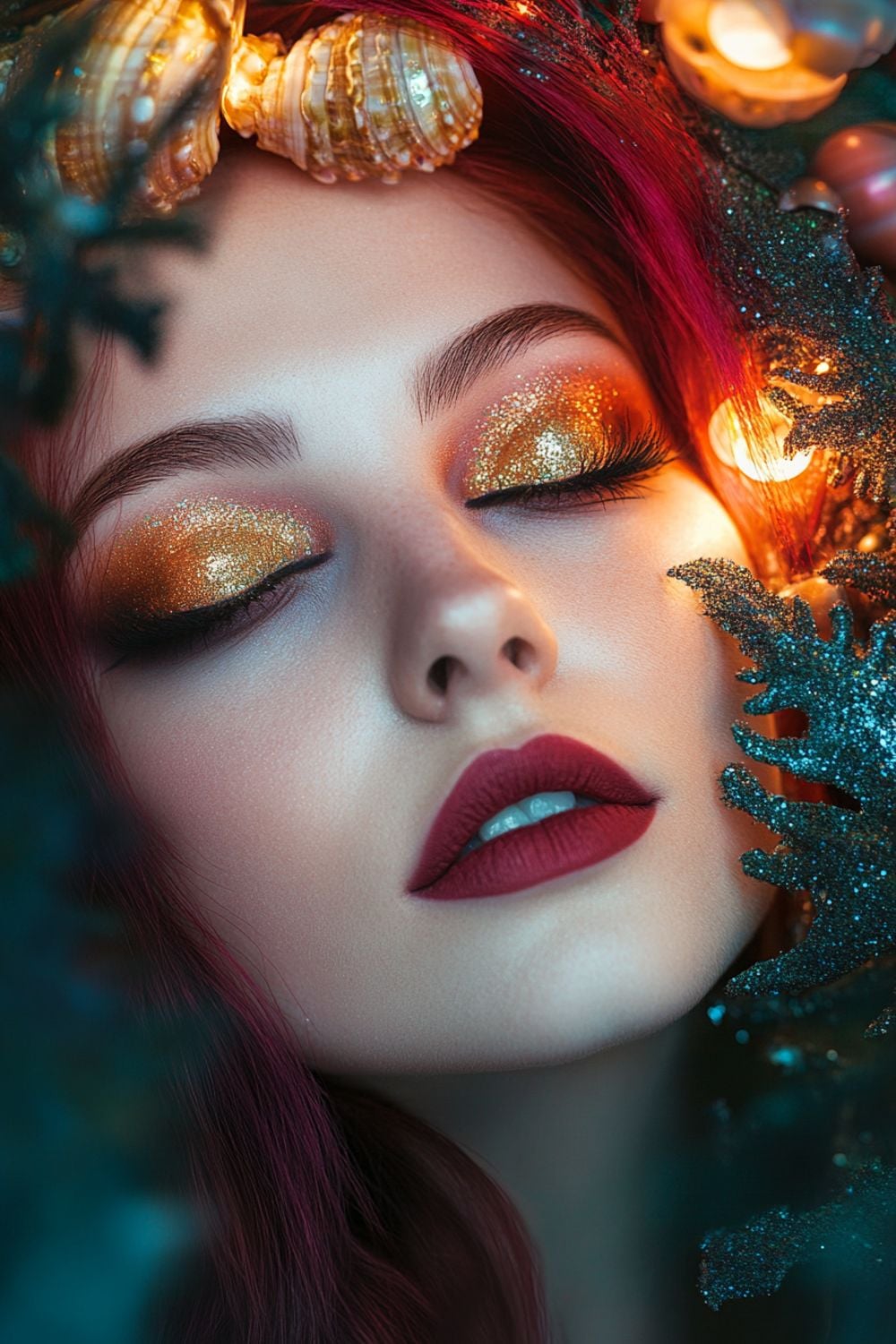 A close-up of a woman with golden glittery eyeshadow, soft smoky eyeliner, and matte red lips. She has red hair, and her makeup is surrounded by glowing festive lights and teal glittery foliage, giving the image a warm, magical atmosphere.