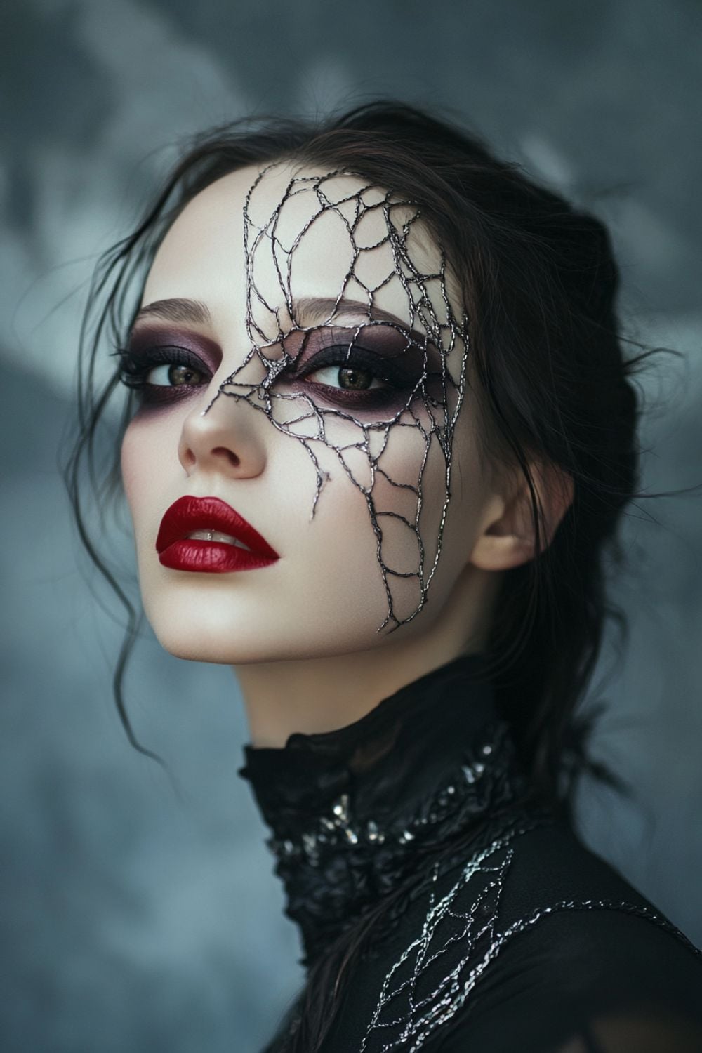 The model is wearing a dramatic dark makeup look with a bold, dark red lip and deep purple eyeshadow. A striking silver spiderweb design is drawn across the left side of her face, adding an eerie and captivating element to her appearance. The model's hair is styled in loose waves, and she is dressed in a black, high-neck top with intricate detailing. The background has a soft, blurred effect that enhances the focus on her unique and mysterious makeup.