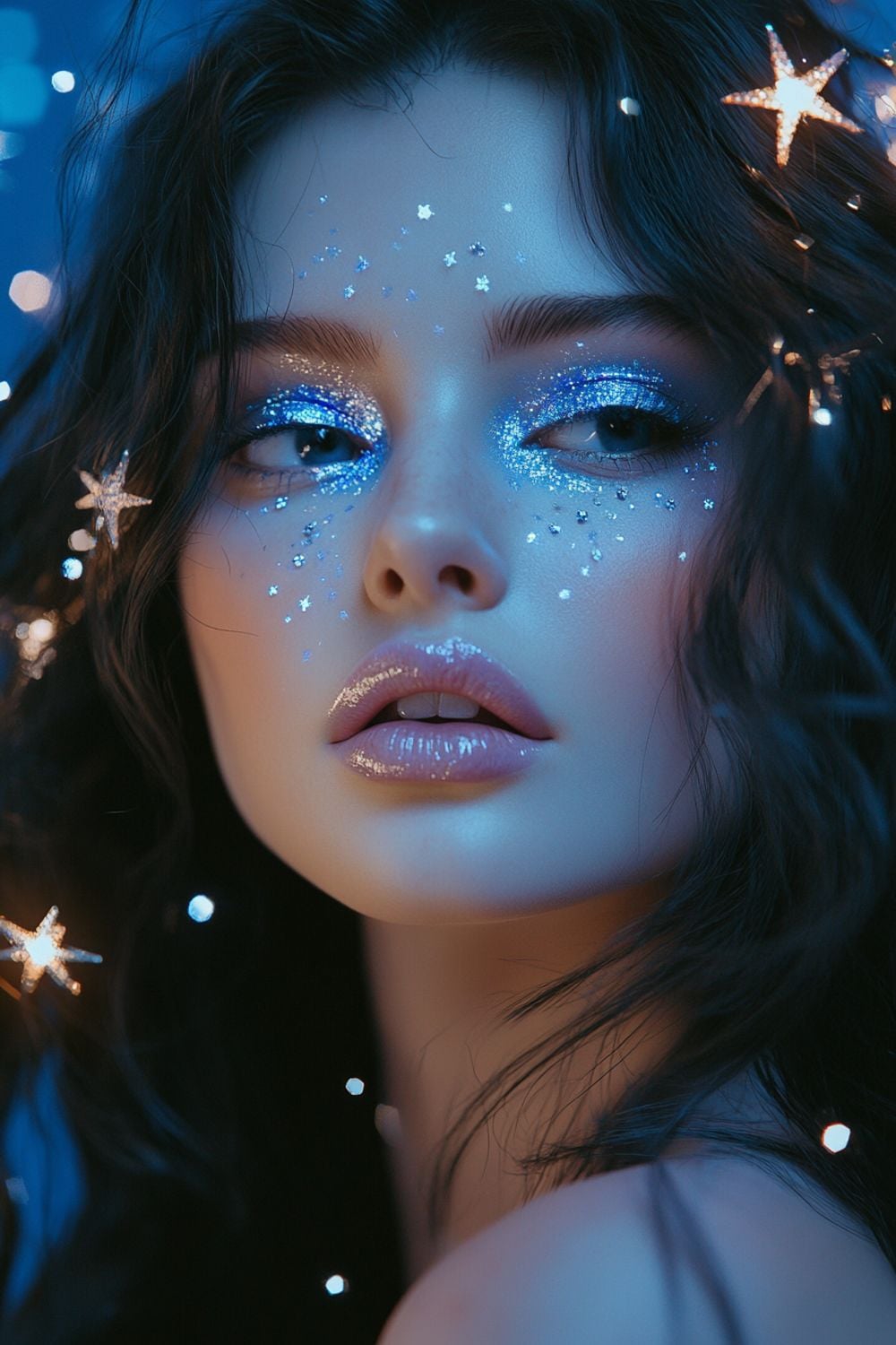 A close-up of a woman with sparkling blue eyeshadow, glittery stars around her eyes, and glossy lips. Her wavy hair frames her face, and she is surrounded by glowing lights, creating a dreamy, celestial vibe.
