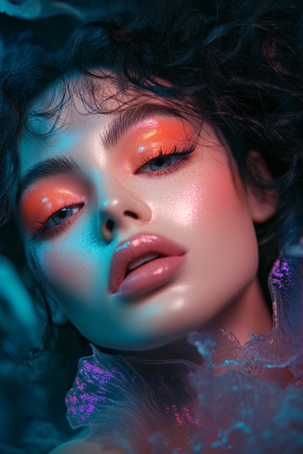 A close-up of a woman with bright orange shimmering eyeshadow, dewy skin, and glossy lips. Her wavy hair frames her face, and colorful lighting creates a glowing, ethereal atmosphere around her.