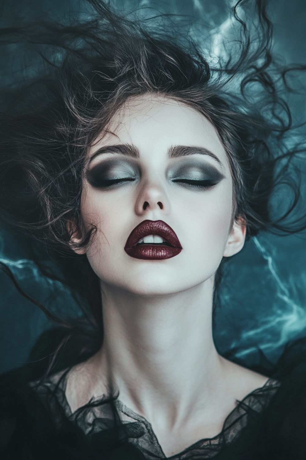 A close-up of a woman with dark, smoky eyeshadow, dramatic winged eyeliner, and deep burgundy lipstick. Her hair is tousled, appearing to float as if underwater, and her expression is serene with closed eyes, giving the image an ethereal, darkly mysterious feel.