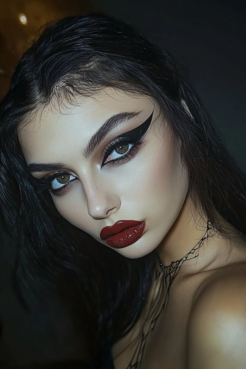 A close-up of a woman with dramatic winged eyeliner, smoky eyeshadow, and bold red lipstick. She has dark, wavy hair and a glowing, flawless complexion. Her intense gaze and striking makeup create a bold and confident look, enhanced by the dark background.