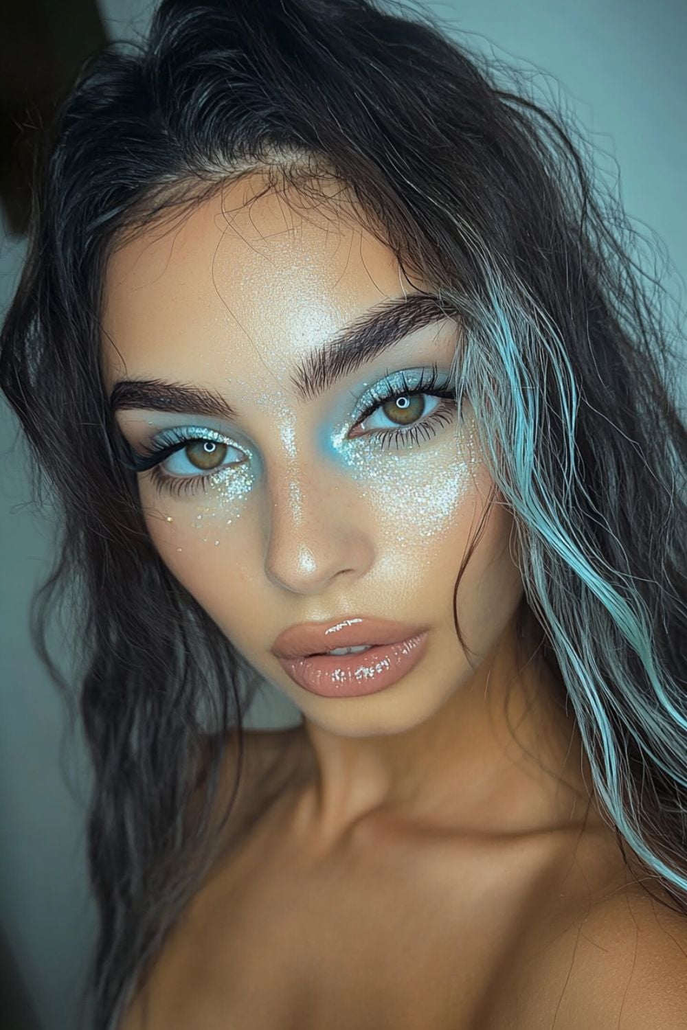 A close-up of a woman with shimmering blue eyeshadow, glitter on her cheeks, and glossy nude lips. Her wavy hair features subtle blue highlights, and her natural makeup creates a fresh and ethereal look.