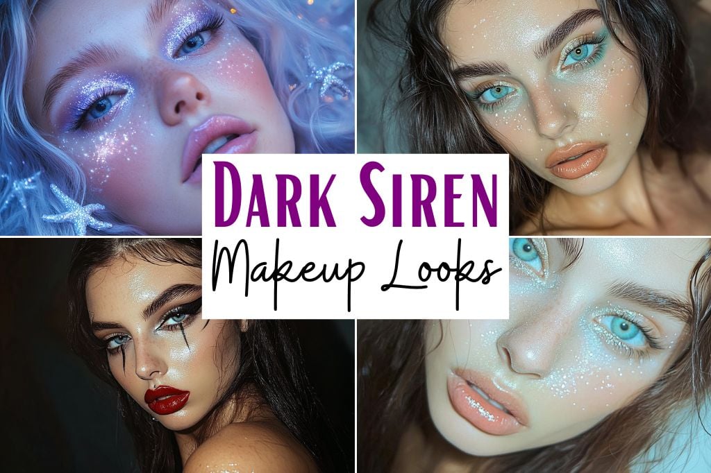 The image shows four different dark siren makeup looks. The top left features a model with shimmering lavender eyeshadow and stars in her hair. The top right shows a model with turquoise eyeshadow and a soft, glowing makeup look. The bottom left has a model with dramatic black eyeliner and red lipstick, with dark tear streaks on her face. The bottom right model has sparkling silver eyeshadow and a natural, glossy lip. The words "Dark Siren Makeup Looks" are written in bold purple and black text in the center.